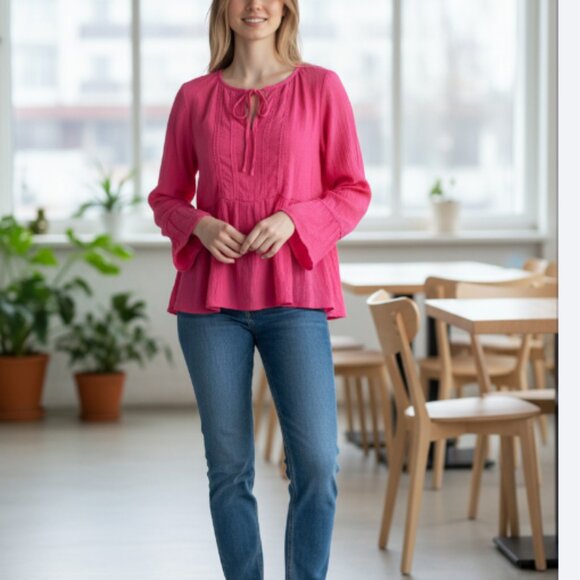 Counterparts Tops - Counterparts Feminine Pink Large L Blouse Key Hole Lace Tie Long Bell Sleeves